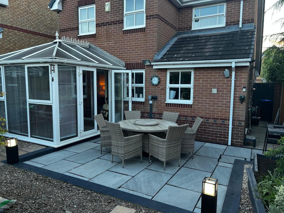 Finished patio and seating area at the back of a house in Nottinghamshire